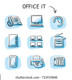Ajuste con diferentes iconos de TI de oficina, como teléfono, computadora, impresora, escáner, servidor, copia de seguridad, computadoras de escritorio. Dibujo a mano ilustración vectorial, coloreado estilo marcador azul en azulejos azules únicos.
