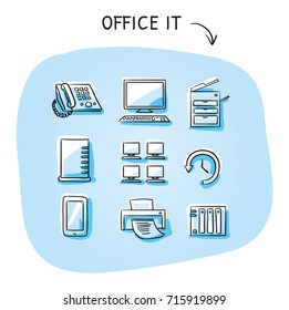 Set with different office IT icons, as phone, computer, printer, scanner, server, backup, desktops. Hand drawn sketch vector illustration, blue marker style coloring on plain background.