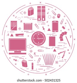 Set of different office objects arranged in a circle. Including icons of paper clips, buttons, pencils, glue, monitor, clock and other on white background.