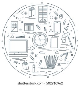 Set of different office objects arranged in a circle. Including icons of paper clips, buttons, pencils, glue, monitor, clock and other on white background.