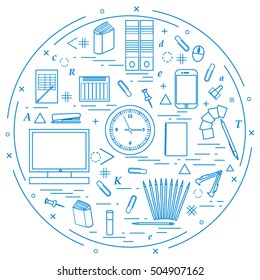 Set of different office objects arranged in a circle. Including icons of paper clips, buttons, pencils, glue, monitor, clock and other on white background.