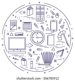 Set of different office objects arranged in a circle. Including icons of paper clips, buttons, pencils, glue, monitor, clock and other on white background.