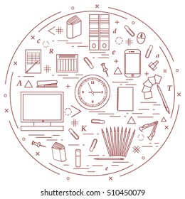 Set of different office objects arranged in a circle. Including icons of paper clips, buttons, pencils, glue, monitor, clock and other on white background.