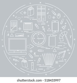 Set of different office objects arranged in a circle. Including icons of paper clips, buttons, pencils, glue, monitor, clock and other on white background.
