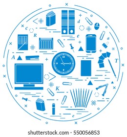 Set of different office objects arranged in a circle. Including icons of paper clips, buttons, pencils, glue, monitor, clock and other on white background.