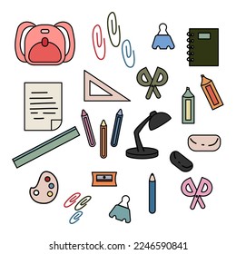 Set of different office stationery. Collection of school stationary objects. Flat vector illustration isolated on white background.