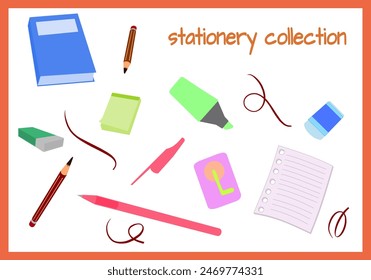 Set of different office stationery. Collection of school stationary objects. Notebook, sheet of paper, pencils, pens, notepad and other items. Flat vector illustration isolated on white background.