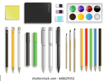 Set of different office supplies in vector. Pencils and pens, notepad and eraser, brushes and paints