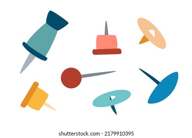 Set of Different Office Thumbtacks and Push Pins For Map. Isolated on White, Vector Icon. Flat Cartoon Illustration, Clipart. 