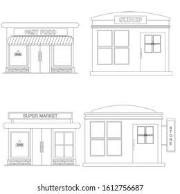 Set of different official buildings, central station, city hall, seat of government on white background. Hand drawn cartoon sketch vector illustration, marker style coloring.