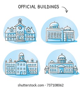 Set Of Different Official Buildings, Central Station, City Hall, Court, Seat Of Government. Hand Drawn Cartoon Sketch Vector Illustration, Marker Style Coloring. 