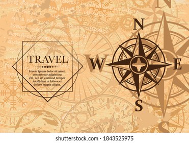 Set of different old design symbols silhouettes isolated on grunge background. Travel grunge vintage wallpaper with wind rose symbol and sample text