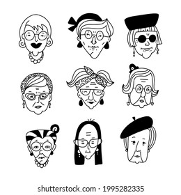 Set of different old women faces app icons in doodle linear style. Heads images collection of stylish elderly female characters. Vector hand drawn illustrations.