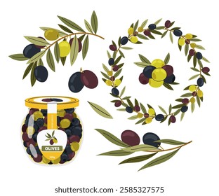 Set with different olives, branches, snack, wreath. Canned olives in jar. Olive berries and tree branches with leaves on white background.