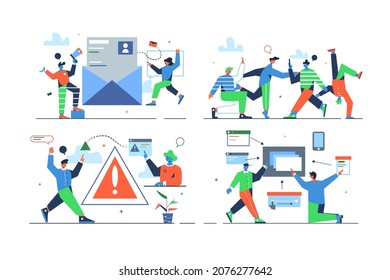 Set of different online processes vector illustration. Open links, warning sign, profile, digital flat style. Modern technologies concept