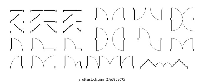 Set of different open and closed door icons. Entrance and exit signs for floor plan in top view. Elements for interior design draft isolated on white background. Vector graphic illustration.