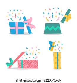 Set of different open gift boxes with colorful confetti. Template for sale banner, surprise poster, flyer, greeting card, cover. Celebrate New Year, Christmas, birthday, anniversary, wedding. Vector