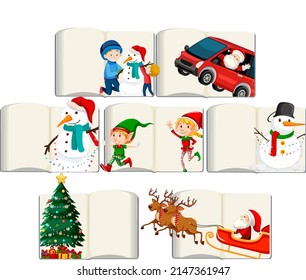 Set of different opened blank books with Santa Claus illustration