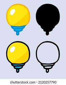 A set of different options for a round light bulb.  drawn in the style of doodles, isolated black outline and silhouette. Bright yellow light bulb pattern, long shape
