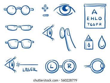 Set of different optometry icons, with eyes and glasses for medical info graphics. Hand drawn line art cartoon vector illustration.