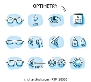 Set of different optometry icons, with eyes and glasses for medical info graphics on blue tiles. Hand drawn cartoon sketch vector illustration, marker style coloring. 