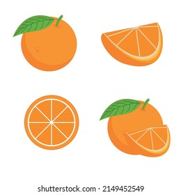 A set of different oranges, whole and cut