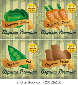 a set of different organic products on striped backgrounds