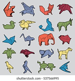 Set of Different Origami Animal Stickers. Hand Drawn Illustration.