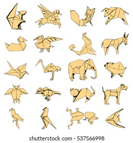 Set of Different Origami Animal Stickers. Hand Drawn Illustration.