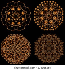set of different ornaments of circular rotation on a black background