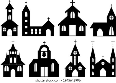 Set of different orthodox and catholic curches isolated on white