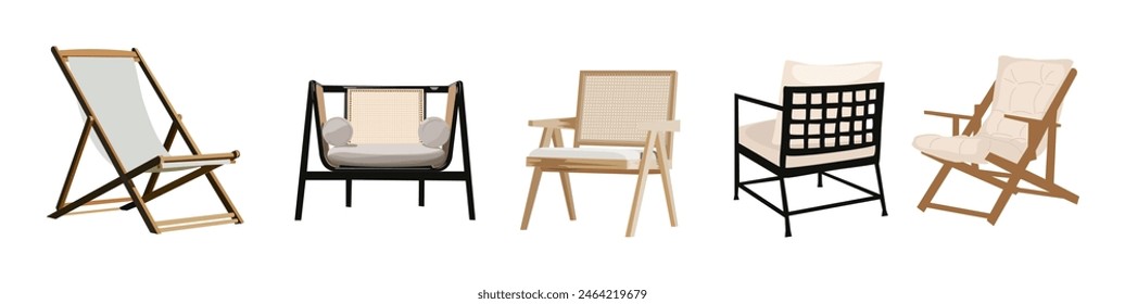 Conjunto de diferentes sillones exteriores, de jardín. Patio, zona de estar, patio trasero, muebles de terraza. Interior, vista frontal, lateral, vista trasera de los Elementos de diseño paisajísticos. Ilustración vectorial sobre fondo blanco.