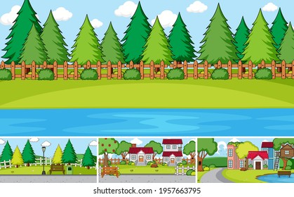 Set of different outdoor house scenes cartoon style illustration