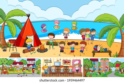 Set of different outdoor house scenes cartoon style illustration