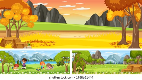 Set of different outdoor landscape scenes with cartoon character illustration