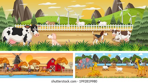 Conjunto de diferentes escenas de paisajes al aire libre con ilustración de personajes de dibujos animados