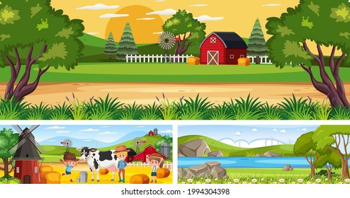 Reihe verschiedener Landschaftsszenen im Freien mit Cartoon-Zeichengrafik