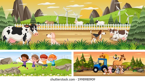 Conjunto de diferentes escenas de paisajes al aire libre con ilustración de personajes de dibujos animados