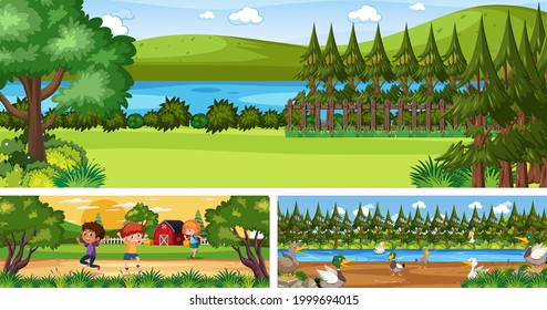 Set of different outdoor landscape scenes with cartoon character illustration
