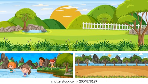 Set of different outdoor landscape scenes with cartoon character illustration