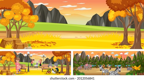 Set of different outdoor landscape scenes with cartoon character illustration