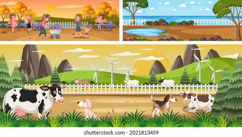 Conjunto de diferentes escenas de paisajes al aire libre con ilustración de personajes de dibujos animados