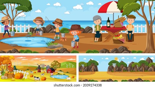 Conjunto de diferentes escenas de paisajes al aire libre con ilustración de personajes de dibujos animados