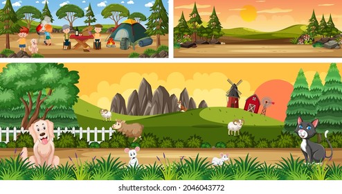 Set of different outdoor landscape scenes with cartoon character illustration