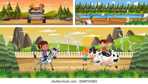 Conjunto de diferentes escenas de paisajes al aire libre con ilustración de personajes de dibujos animados