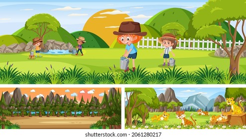 Set of different outdoor landscape scenes with cartoon character illustration