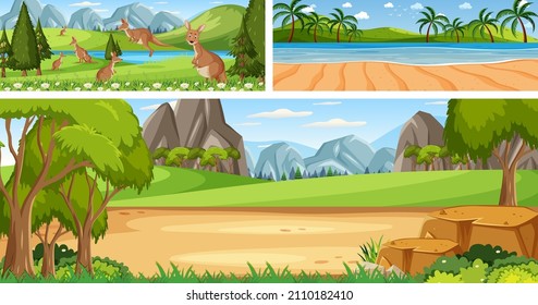 Set of different outdoor landscape scenes with cartoon character illustration