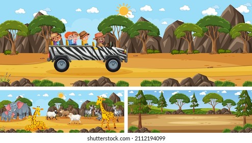 Set of different outdoor landscape scenes with cartoon character illustration