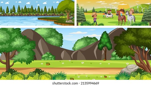 Set of different outdoor landscape scenes with cartoon character illustration
