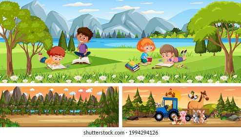 Set of different outdoor panoramic landscape scenes with cartoon character illustration